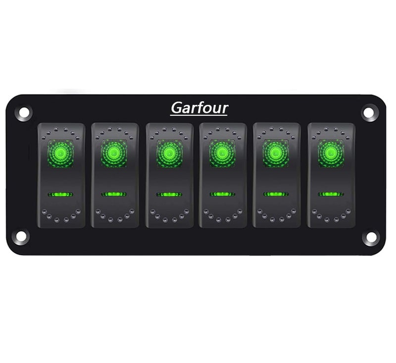 Garfour Marine Green 6 Gang Boat Switch Panel 5 Pin On/Off LED Light Aluminum Rocker Switch Panel for RV SUV Boat - Image 1